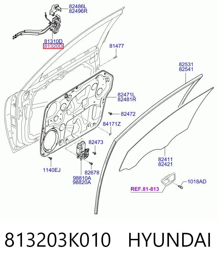 813203K010 Hyundai/Kia Zamek drzwi przednich prawych