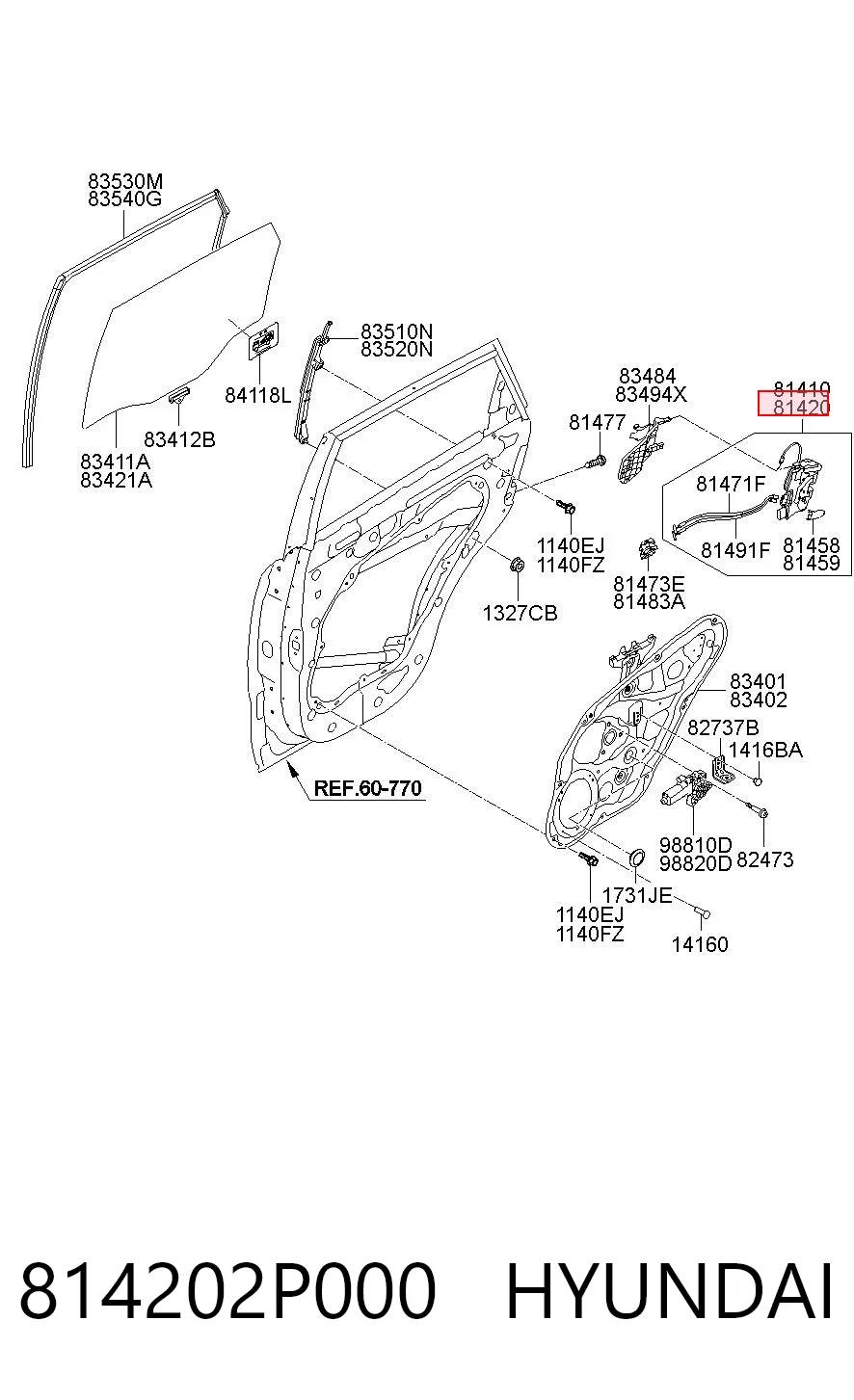 814202P000 Hyundai/Kia Zamek drzwi tylnych prawych