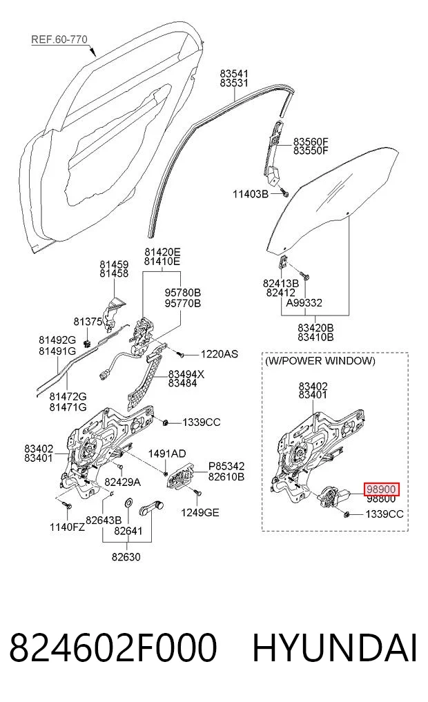 824602F000 Hyundai/Kia Silniczek podnośnika szyby drzwi przednich prawych