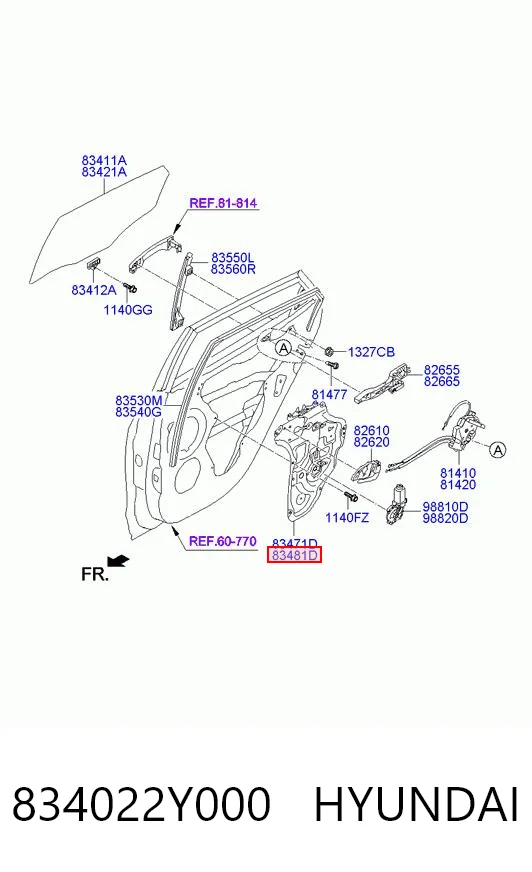 834022Y000 Hyundai/Kia Mechanizm podnoszenia szyby drzwi tylnych prawych