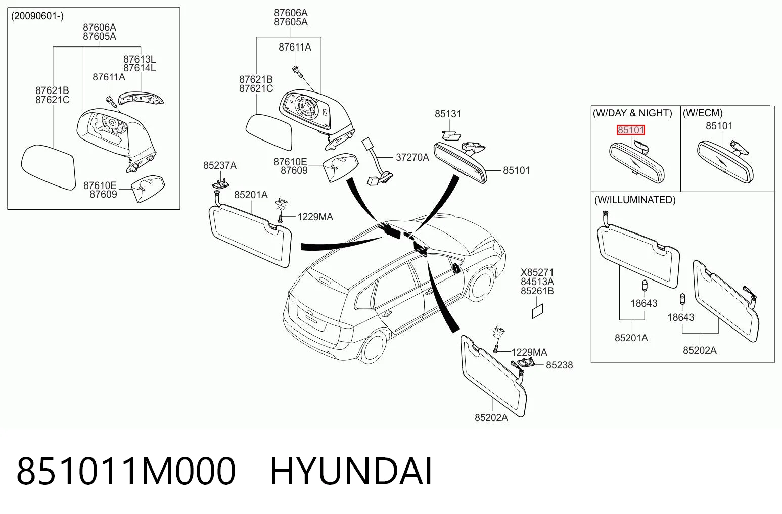 851011M000 Hyundai/Kia Lusterko wewnętrzne