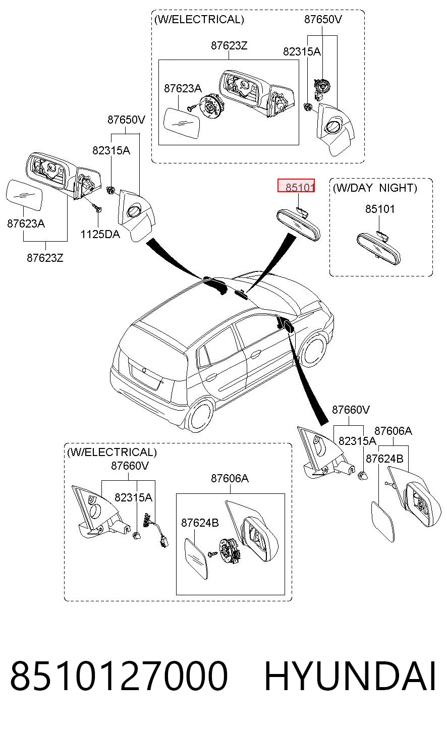 8510127000 Hyundai/Kia Lusterko wewnętrzne