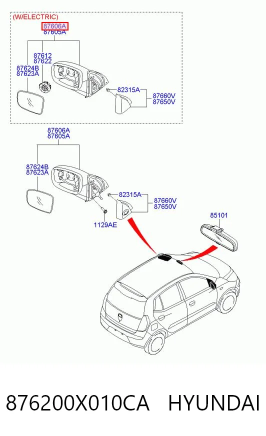 Lusterko wsteczne prawe Hyundai I10 hatchback (PA) (2007 - 2010) cena, od 78,69 USD