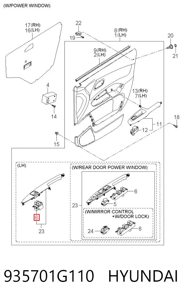 935701G110 Hyundai/Kia Panel przyciskowy sterowania podnośnikiem szyby przedni lewy