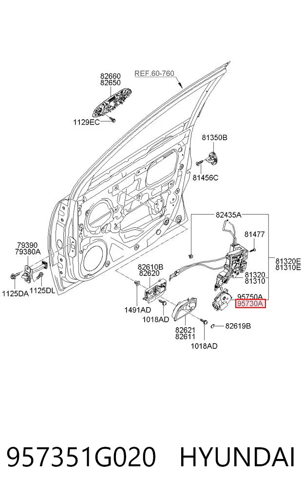 957351G020 Hyundai/Kia Silniczek zamka drzwi lewych przednich