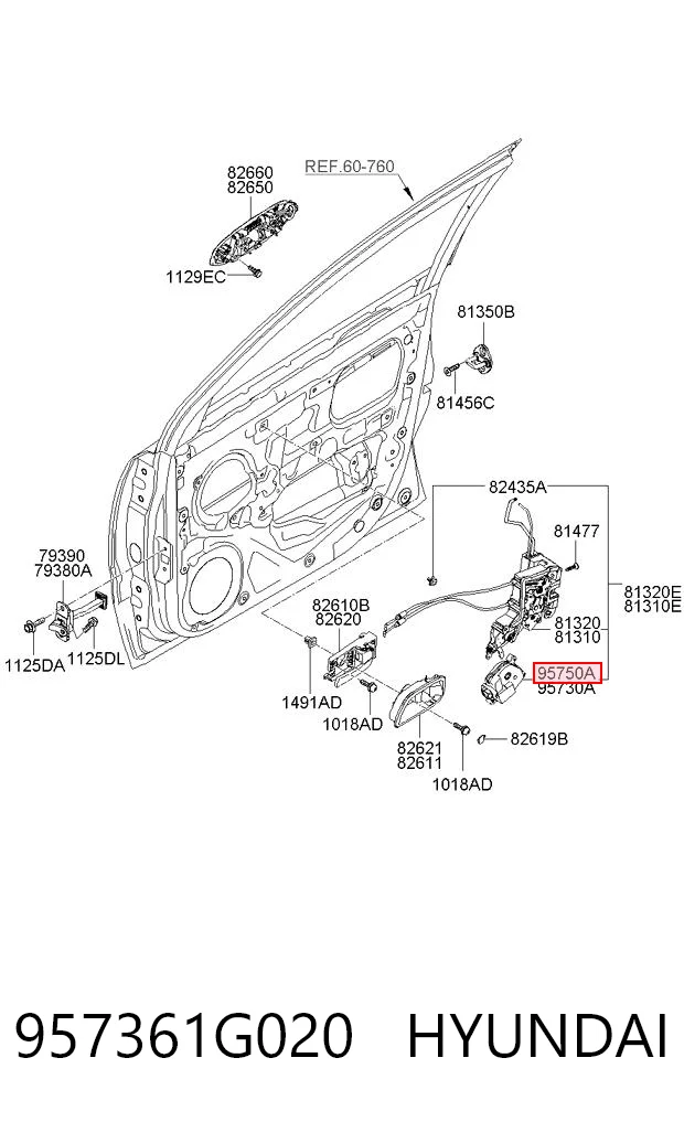 957361G020 Hyundai/Kia Silniczek zamka drzwi przednich prawych