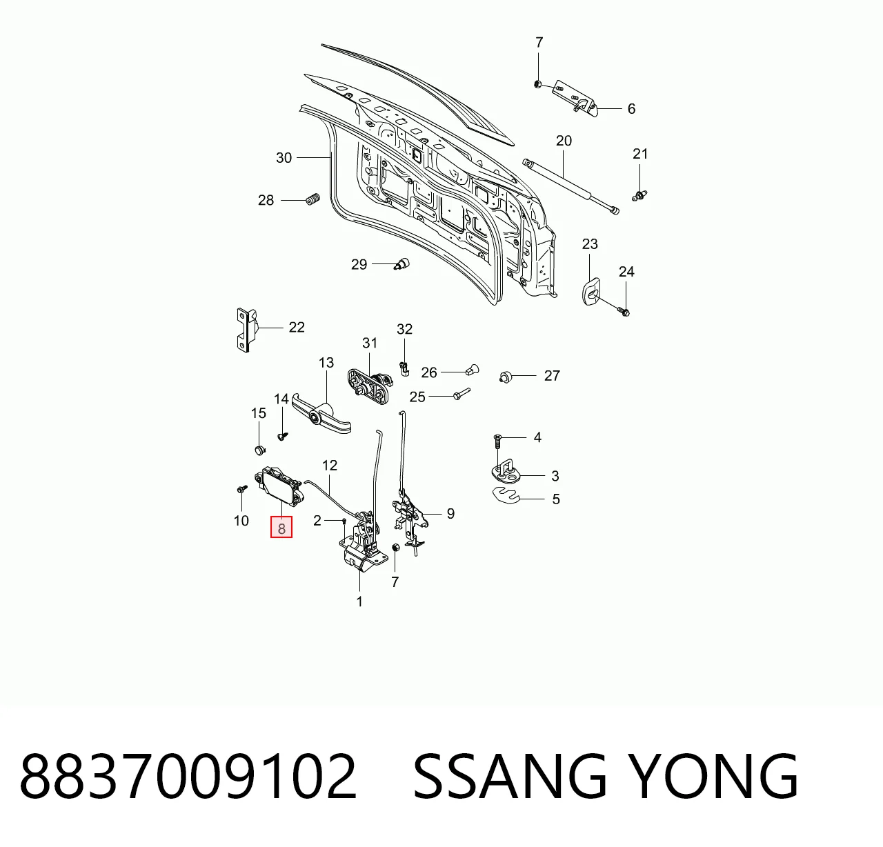 8837009102 Ssang Yong Silniczek zamka klapy bagażnika (drzwi 3/5 tylnych)