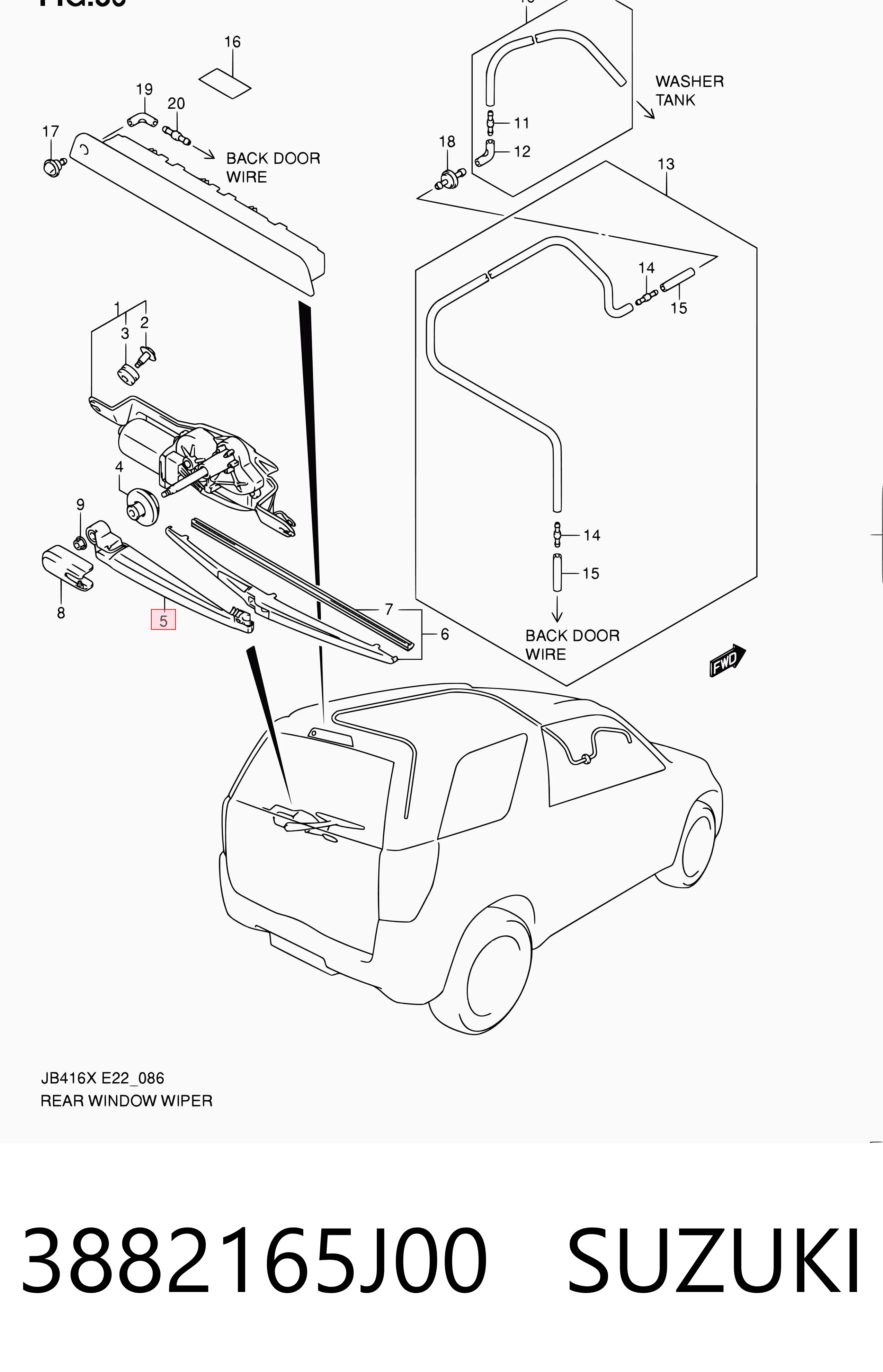 3882165J00 Suzuki Ramię wycieraczki szyby tylnej