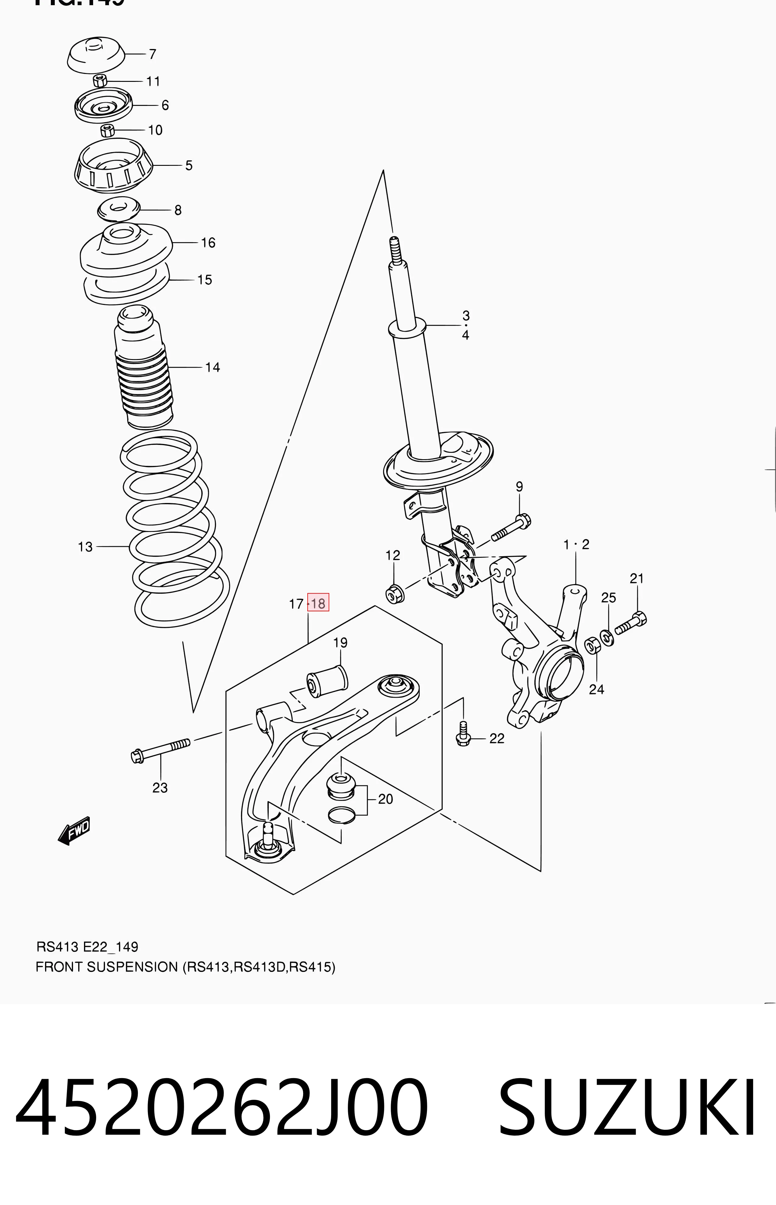 4520262J00 Suzuki Wahacz zawieszenia przedniego dolny lewy