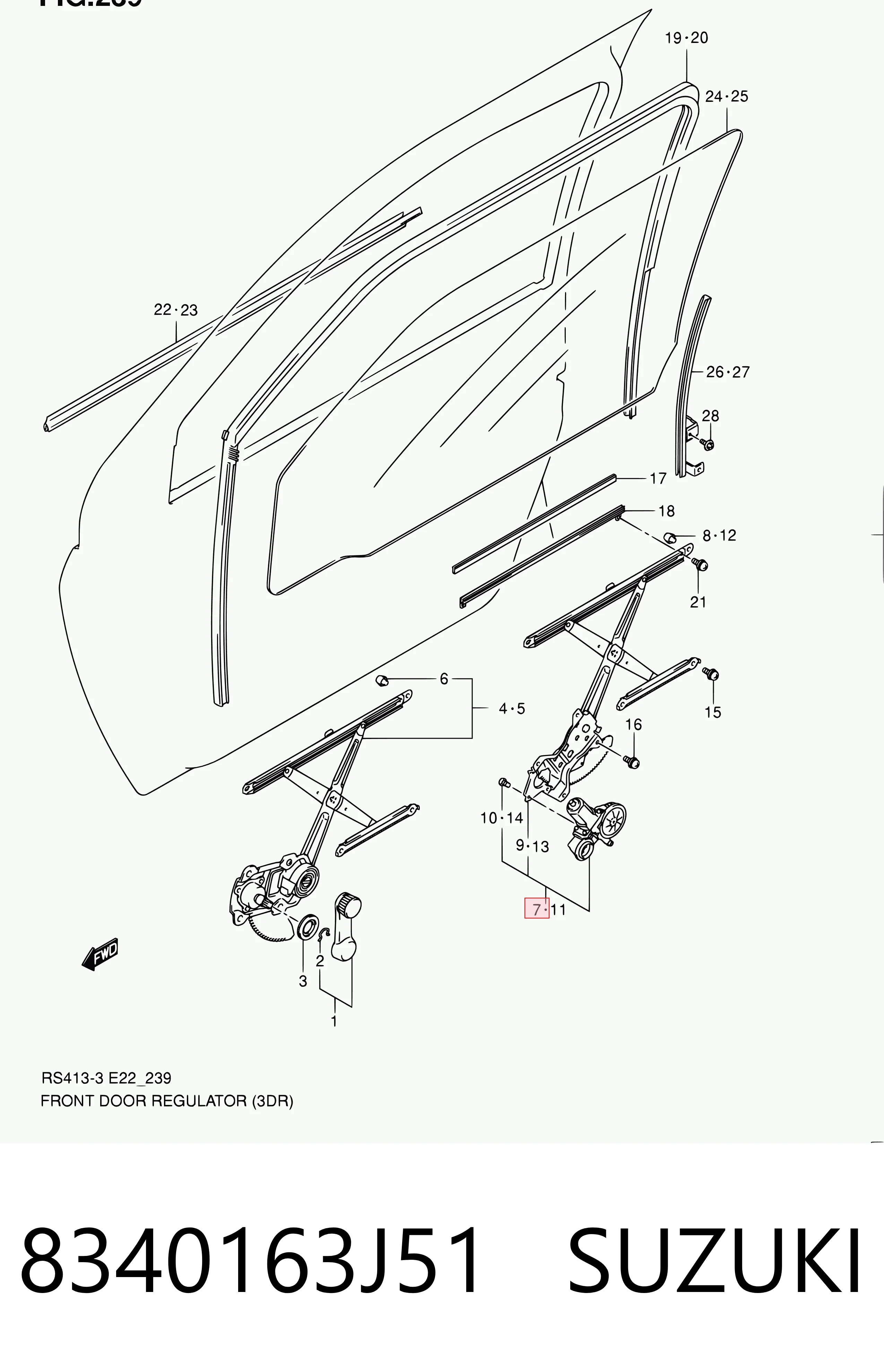 Mechanizm podnoszenia szyby drzwi przednich prawych Suzuki Swift III
