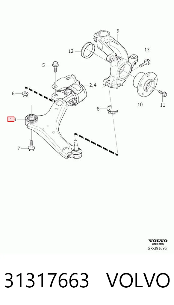 31317663 Volvo Wahacz zawieszenia przedniego dolny lewy