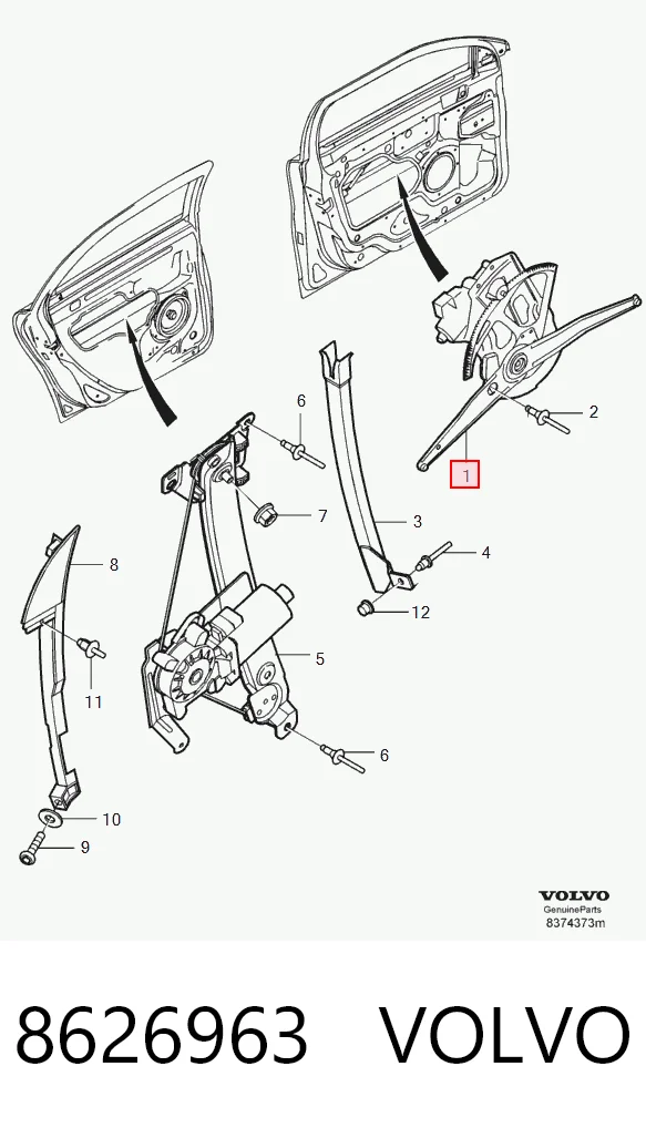 Mechanizm podnoszenia szyby drzwi przednich prawych do Volvo S80 I TS, TH, KV