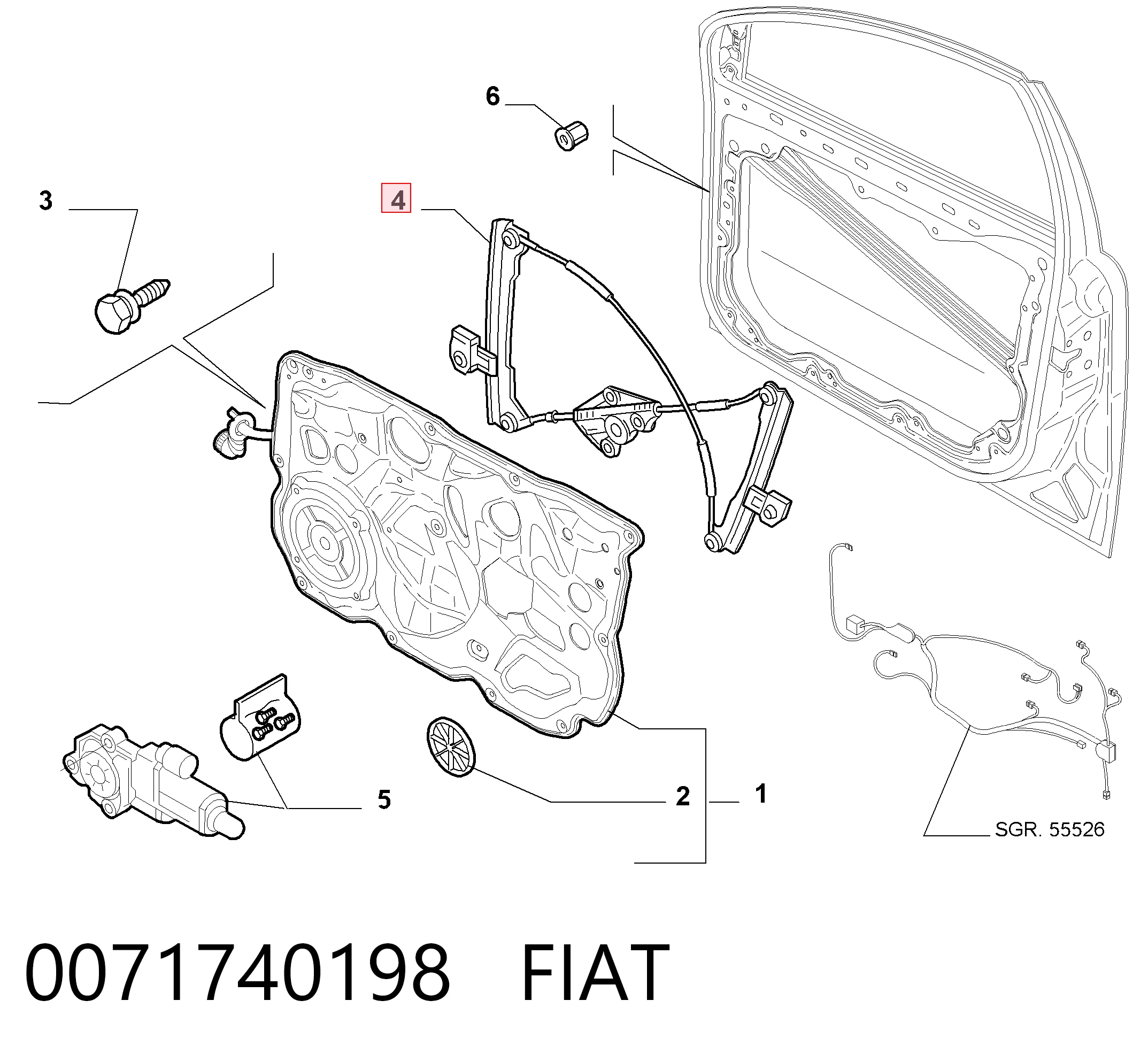 Mechanizm podnoszenia szyby drzwi przednich prawych Fiat Croma II