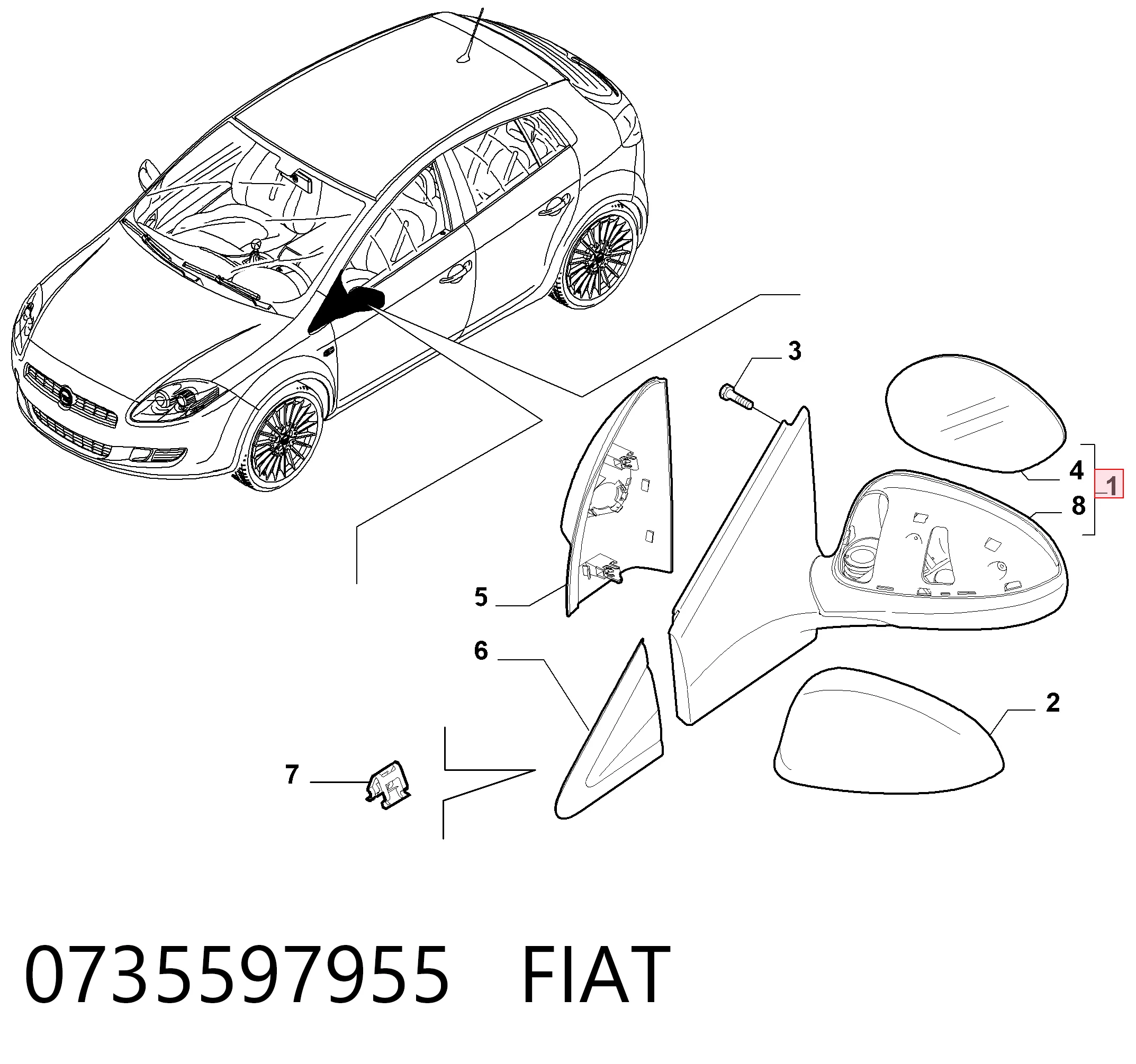 Lusterko wsteczne lewe Fiat Bravo II hatchback (198) (2007 - 2014) cena, od 64,56 USD