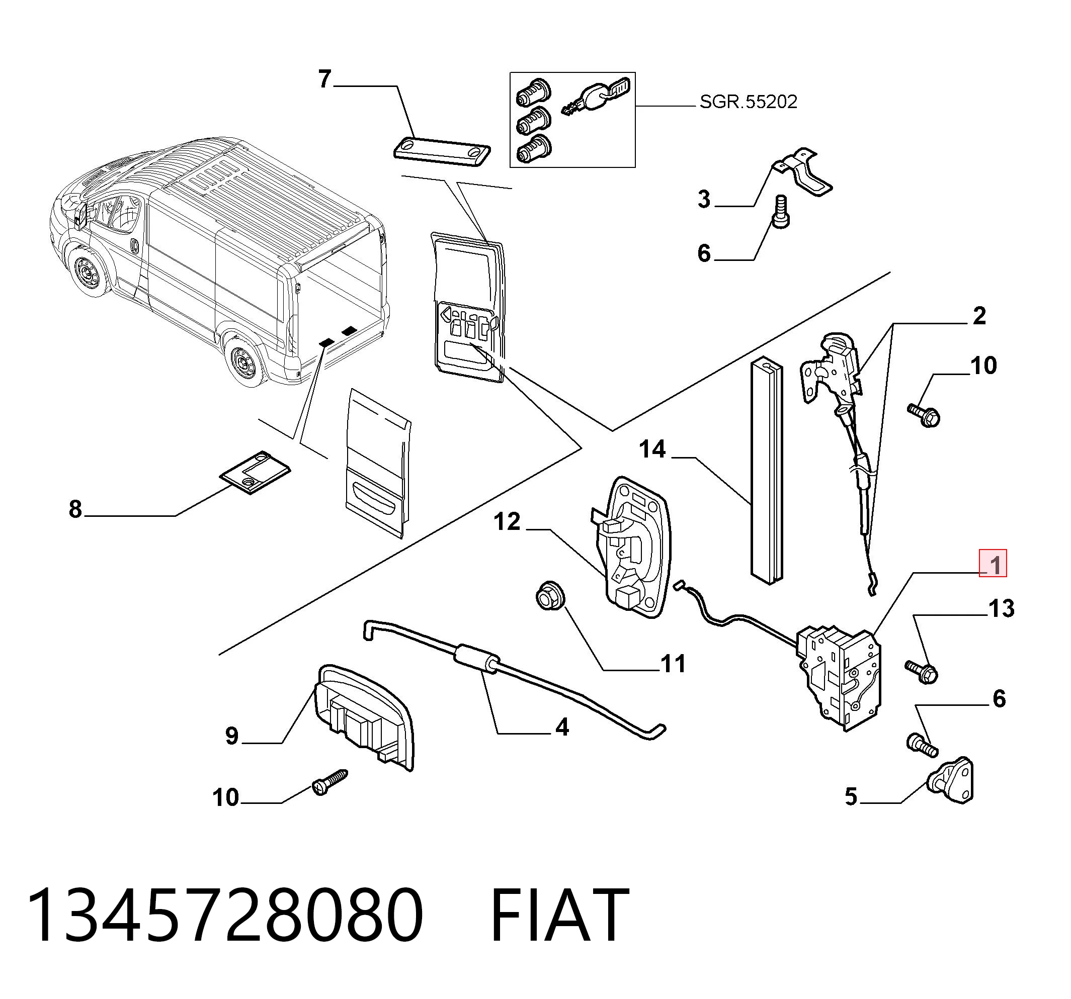 1345728080 Fiat/Alfa/Lancia Zamek drzwi tylnych prawych skrzydłowych