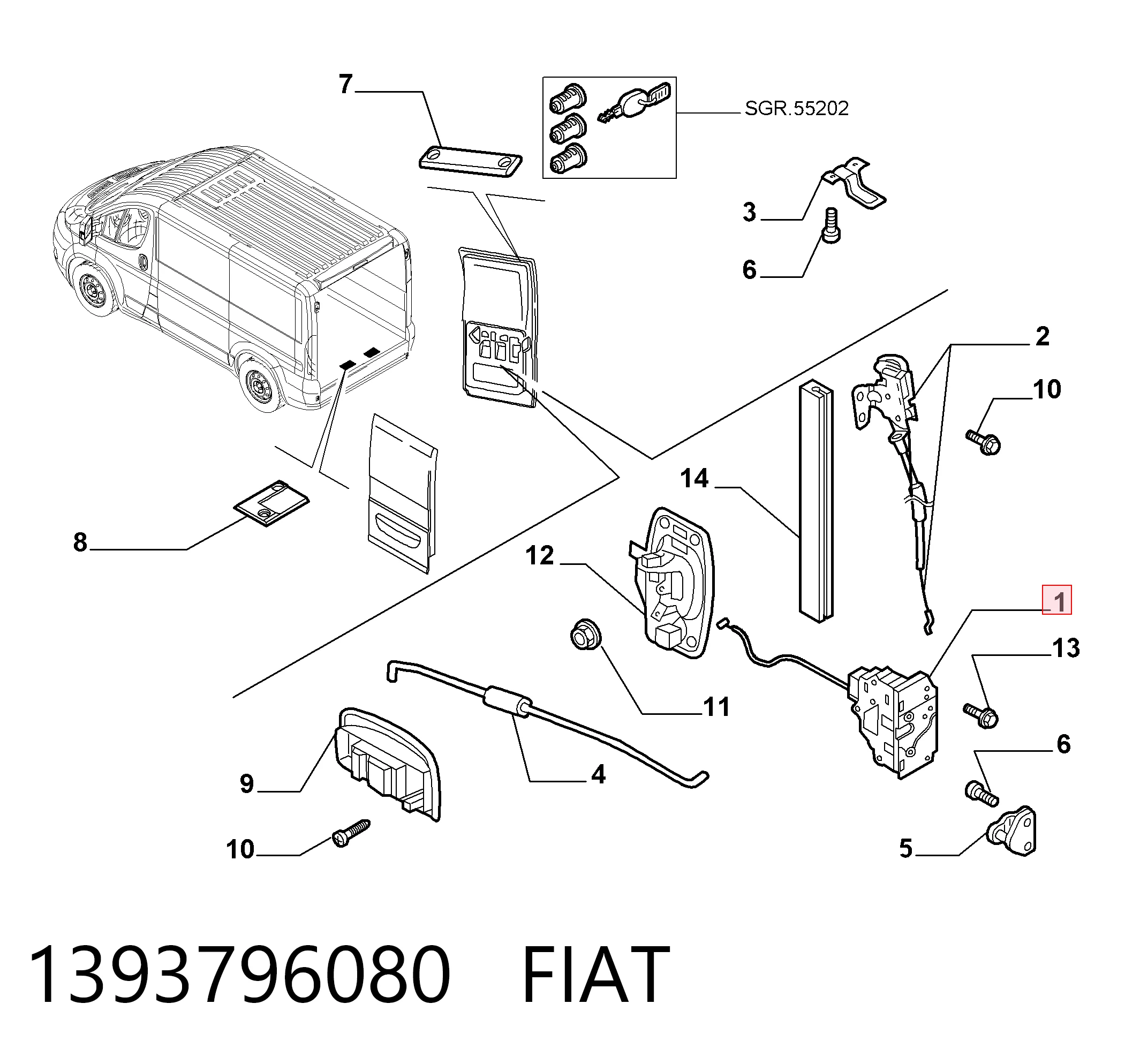 1393796080 Fiat/Alfa/Lancia Zamek drzwi tylnych prawych skrzydłowych