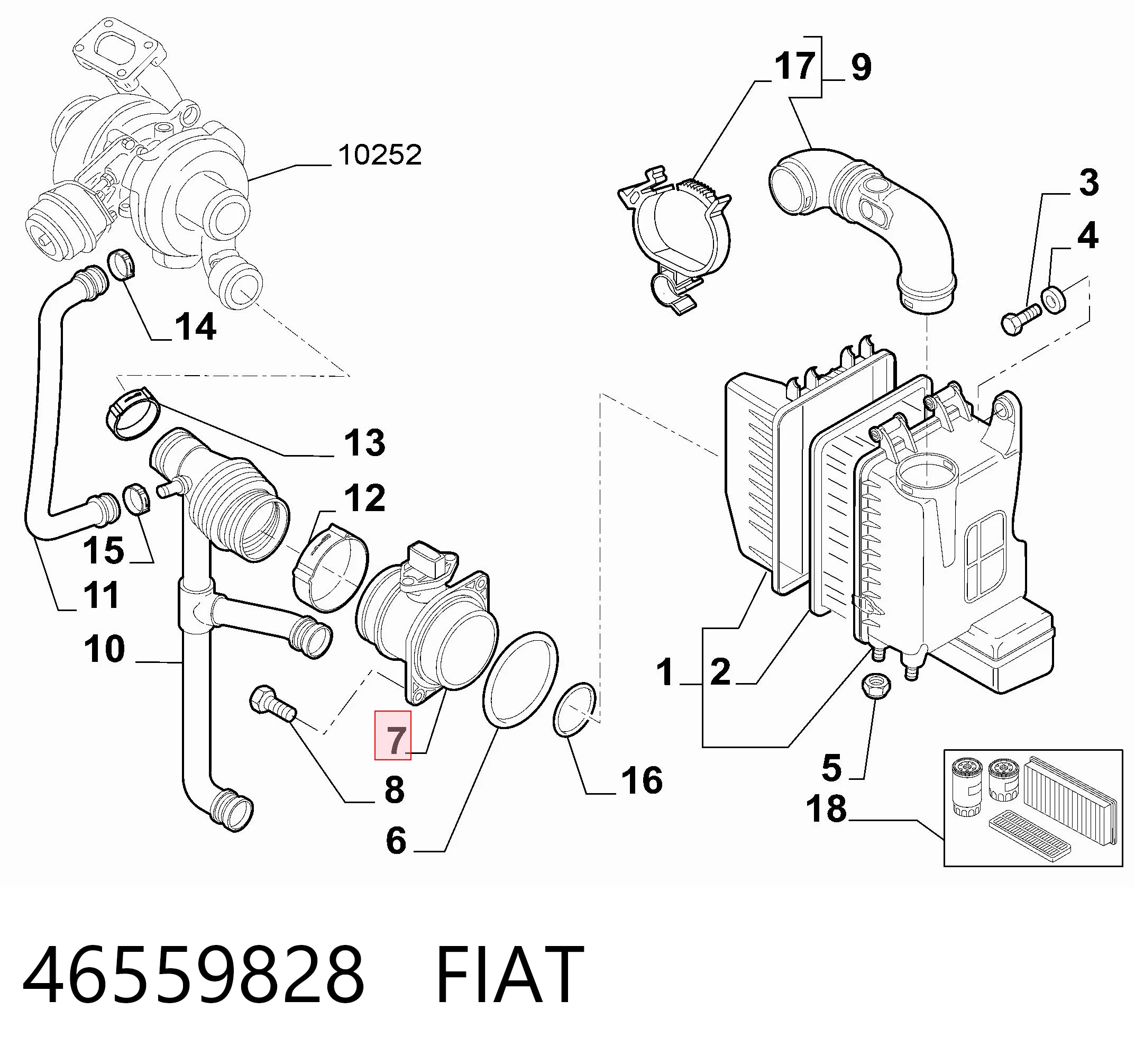 46559828 Fiat/Alfa/Lancia Czujnik przepływu powietrza, przepływomierz powietrza M.A.F.