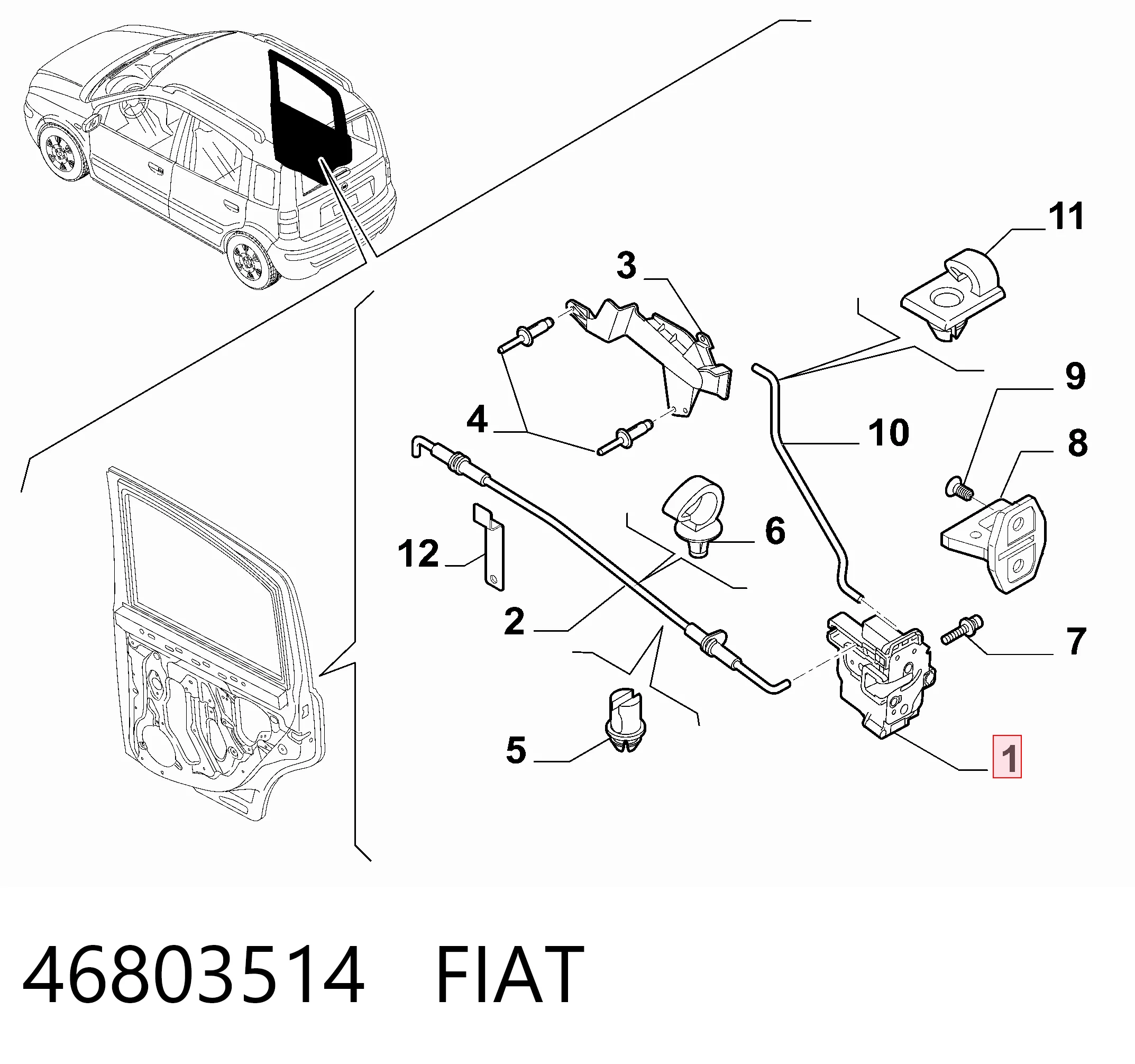 Zamek drzwi tylnych prawych do Fiat Panda II 169A