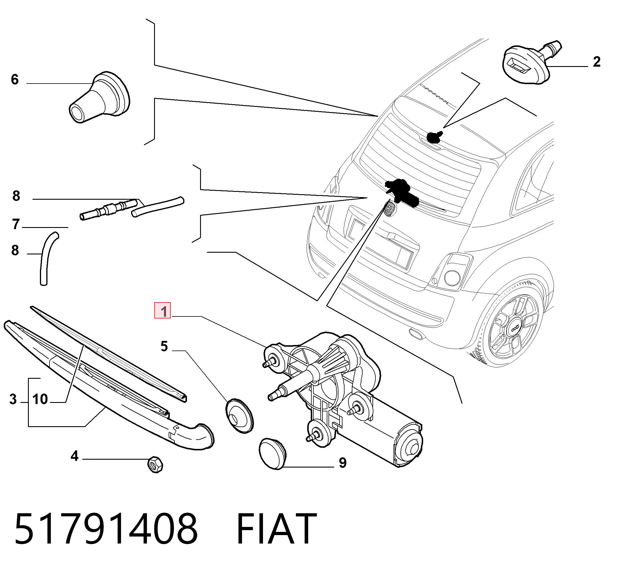 Silniczek wycieraczki tylnej szyby Fiat 500 hatchback (312) (2007 - 2026) cena, od 46,19 USD