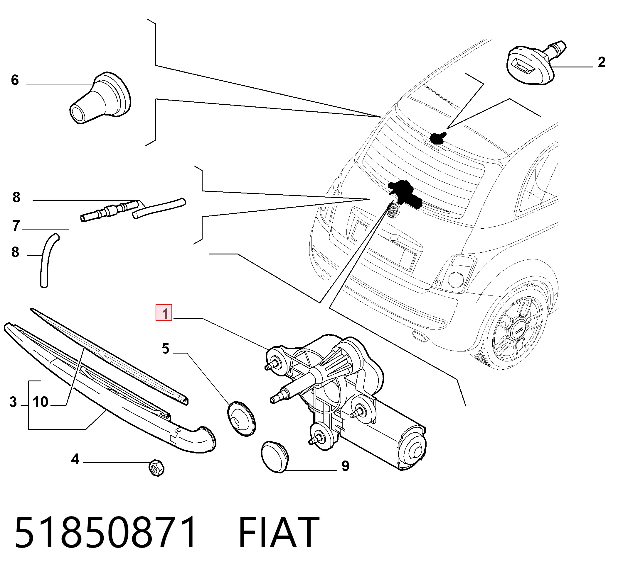 Do koszyka Silniczek wycieraczki tylnej szyby Fiat 500  312