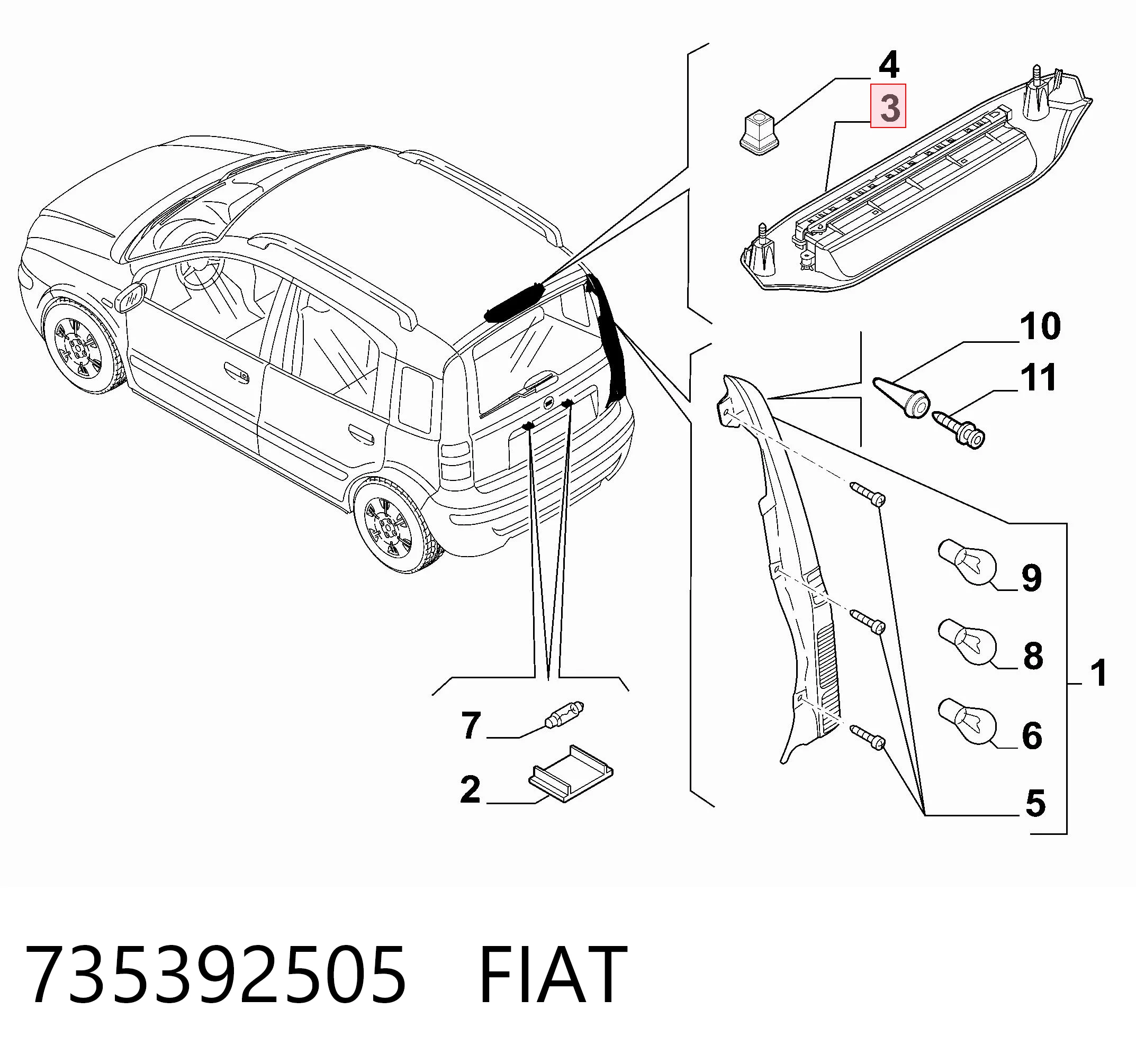 Lampa stop tylna dodatkowa do Fiat Panda II 169A