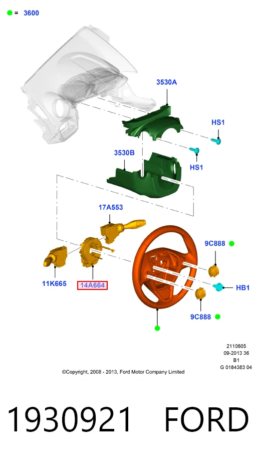 Do koszyka Pierścień kontaktowy AIRBAG, taśma kierownicy  Ford Fiesta Mk6 CB1