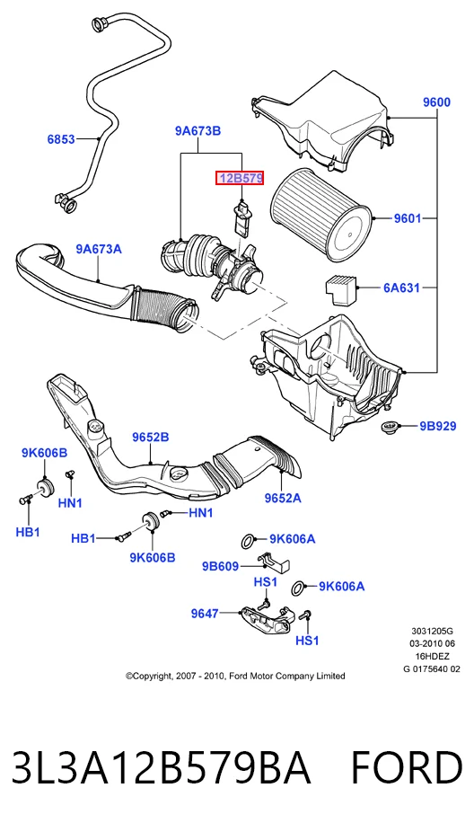 3L3A12B579BA Ford Czujnik przepływu powietrza, przepływomierz powietrza M.A.F.