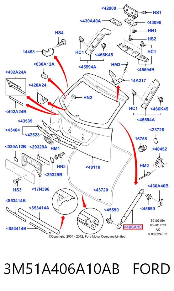 3M51A406A10AB Ford Amortyzator klapy bagażnika (3/5 drzwi-tylnych)