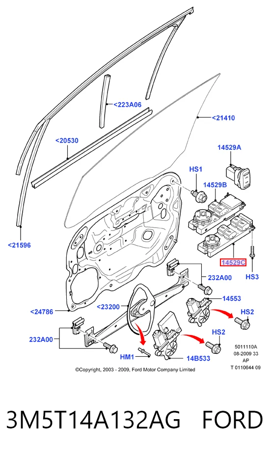 3M5T14A132AG Ford Panel przyciskowy sterowania podnośnikiem szyby przedni lewy
