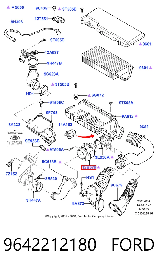 9642212180 Ford Czujnik przepływu powietrza, przepływomierz powietrza M.A.F.