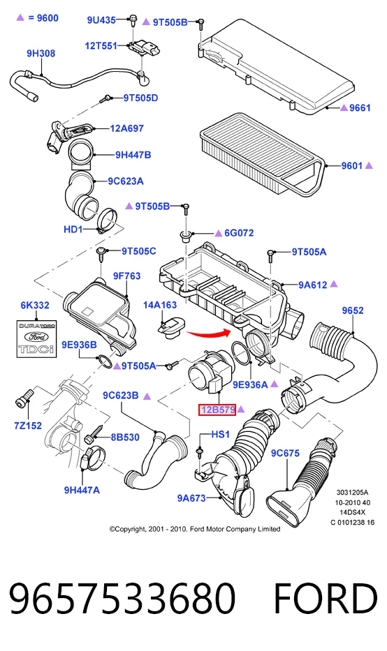 9657533680 Ford Czujnik przepływu powietrza, przepływomierz powietrza M.A.F.