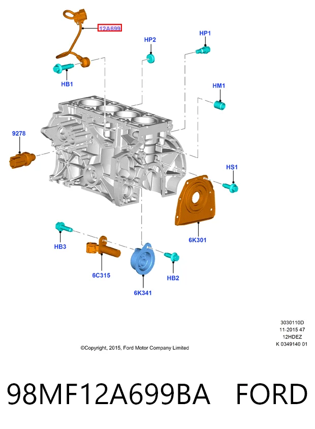 98MF12A699BA Ford Czujnik stukowy (czujnik spalania stukowego)