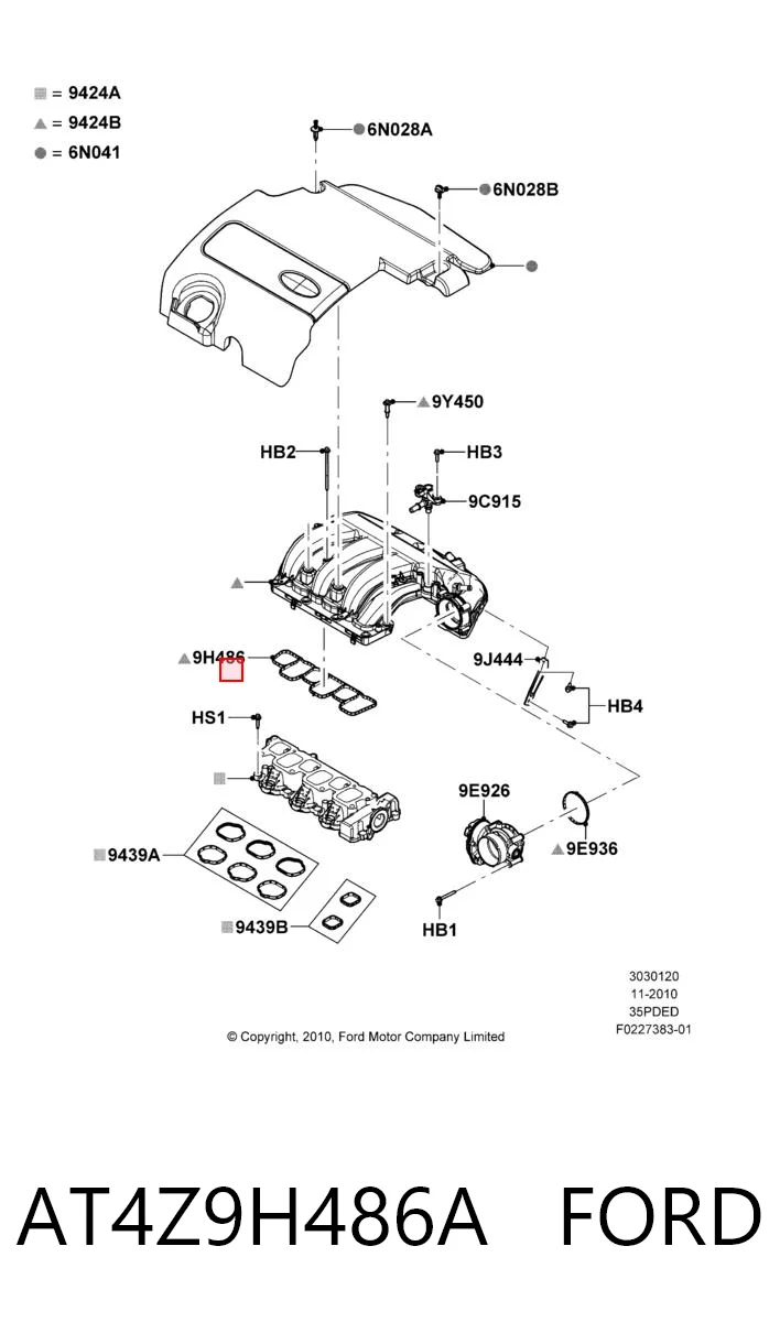 AT4Z9H486A Ford Uszczelka kolektora ssącego górna