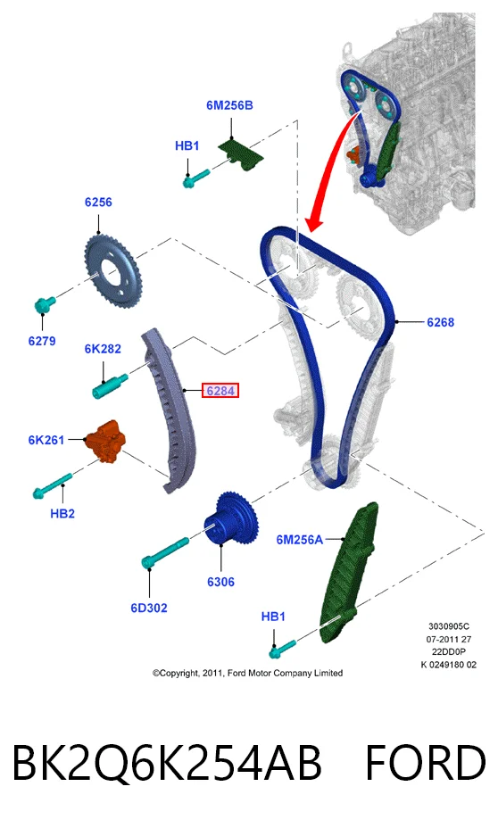 BK2Q6K254AB Ford Prowadnica napinacza łańcucha rozrządu