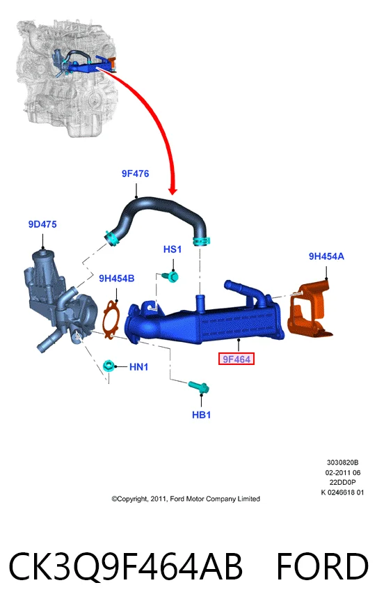 CK3Q9F464AB Ford Chłodnica układu recyrkulacji spalin EGR
