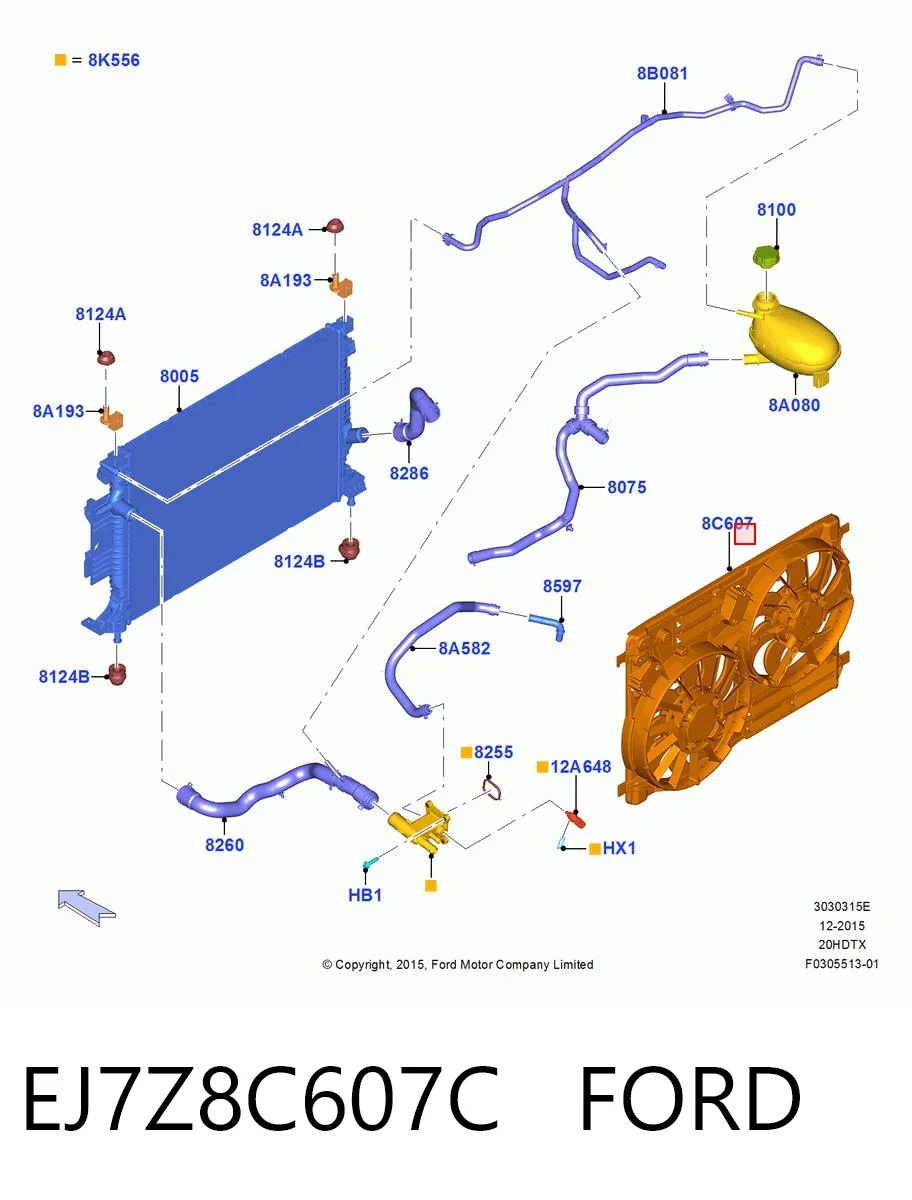 EJ7Z8C607C Ford Dyfuzor chłodnicy, w komplecie z silnikiem i wirnikiem