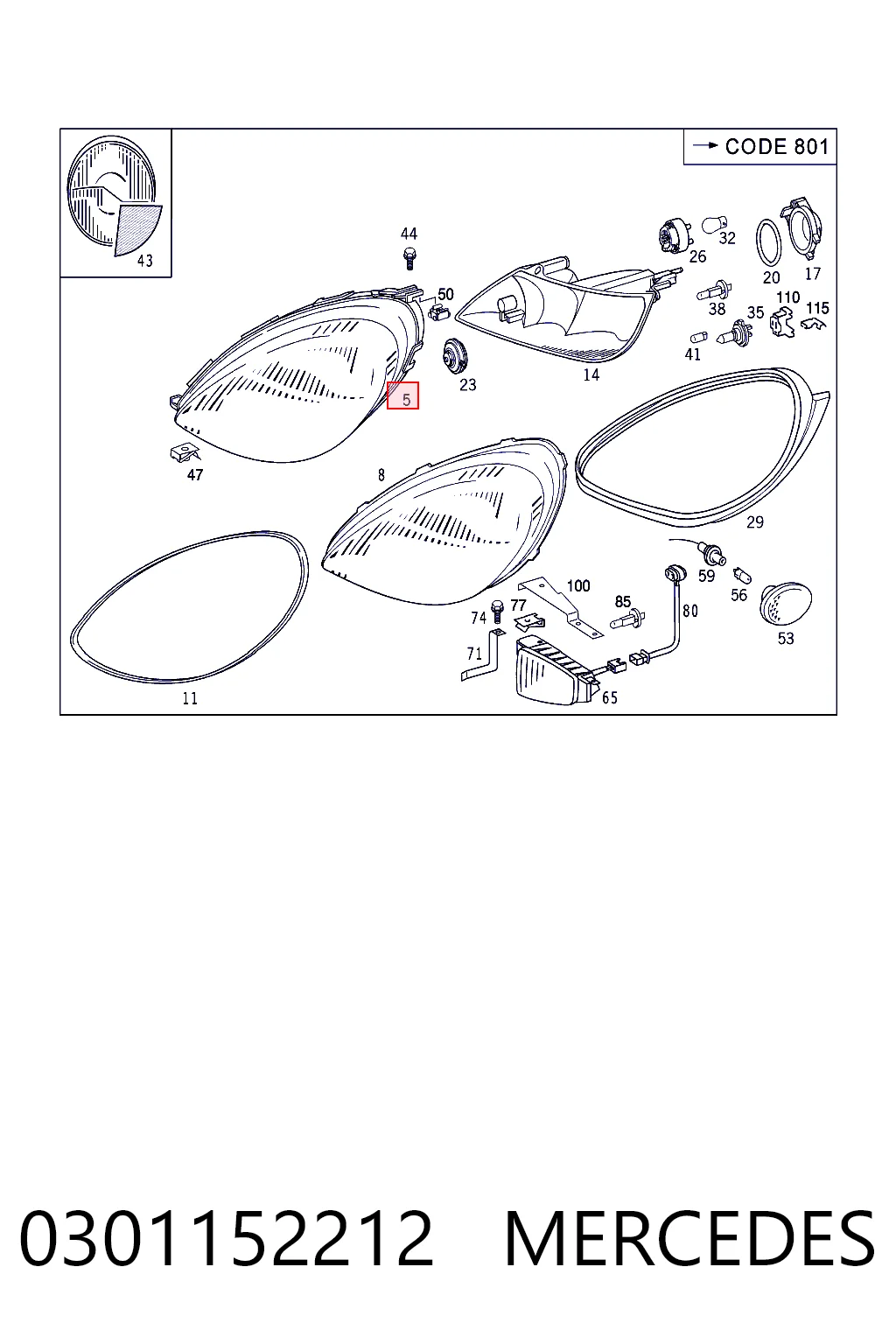 Reflektor prawy Mercedes A hatchback (W168) (1997 - 2004) cena, od 66,72 USD