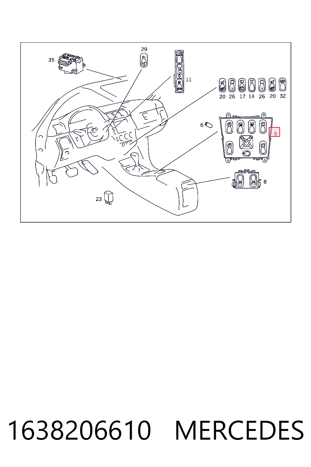 1638206610 Mercedes Panel przyciskowy sterowania podnośnikiem szyb konsoli centralnej