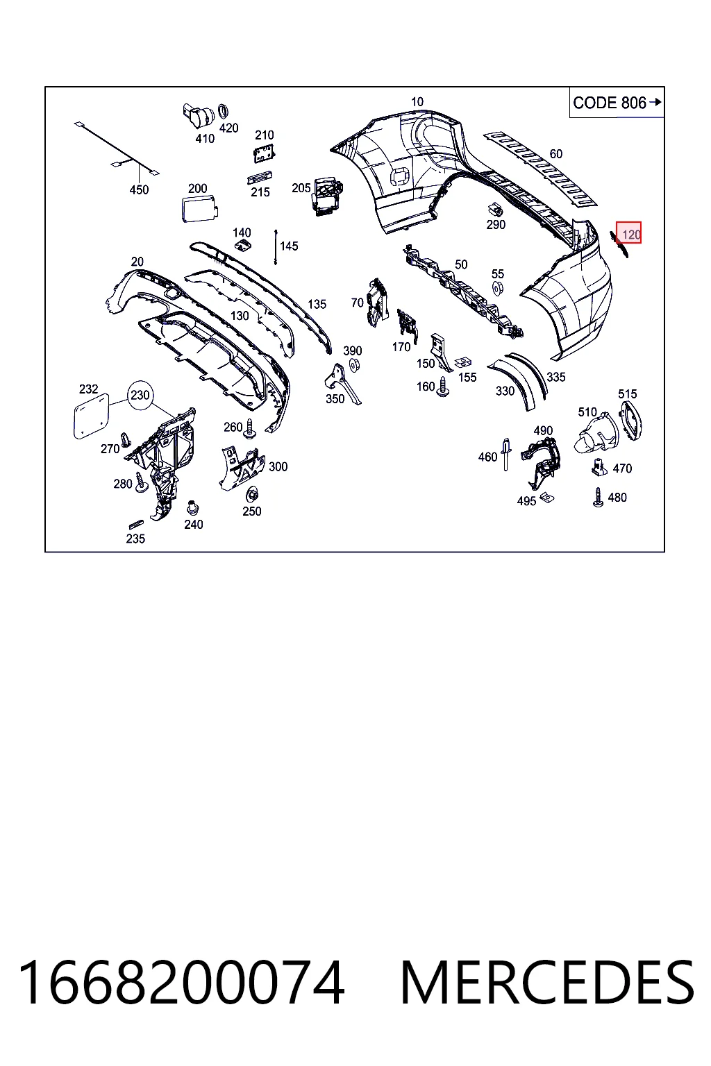 1668200074 Mercedes Lampa odblaskowa zderzaka tylnego lewa