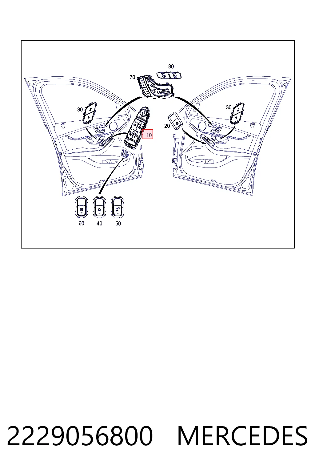 2229056800 Mercedes Panel przyciskowy sterowania podnośnikiem szyby przedni lewy
