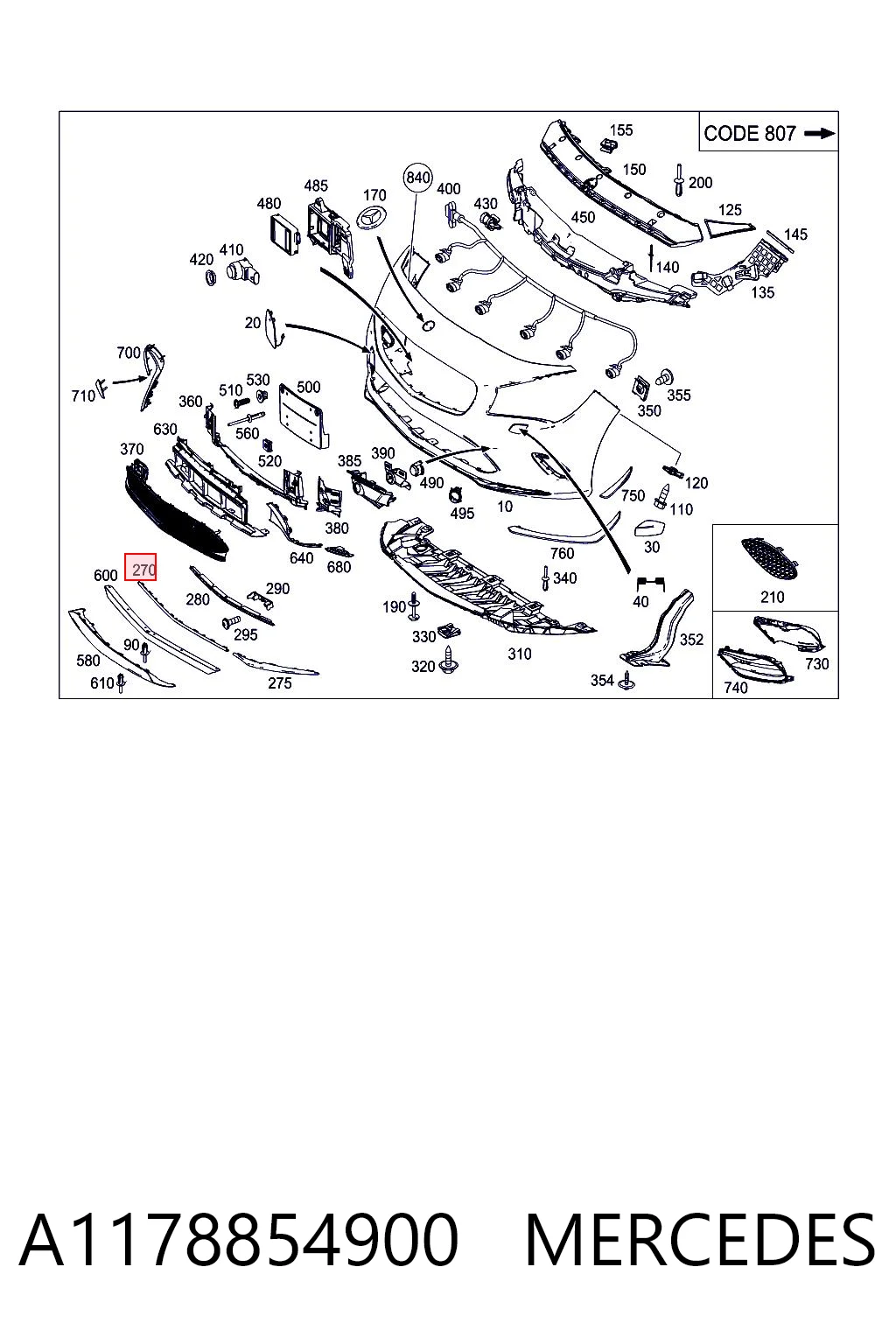 A1178854900 Mercedes Listwa ochronna zderzaka przedniego prawa