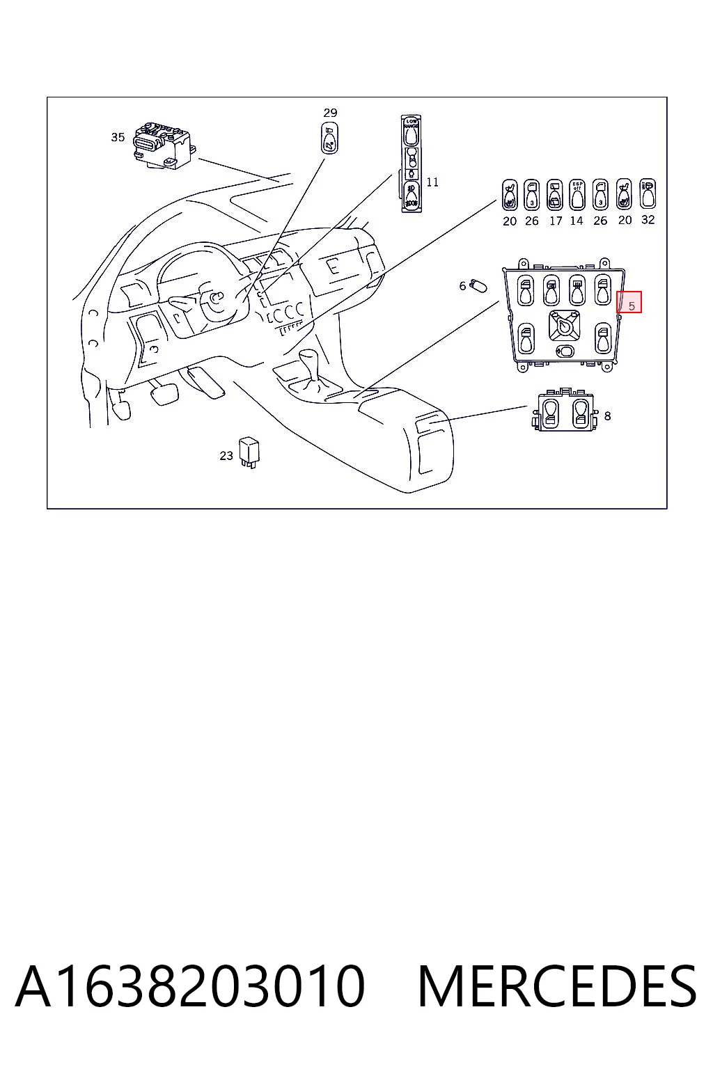 A1638203010 Mercedes Panel przyciskowy sterowania podnośnikiem szyb konsoli centralnej