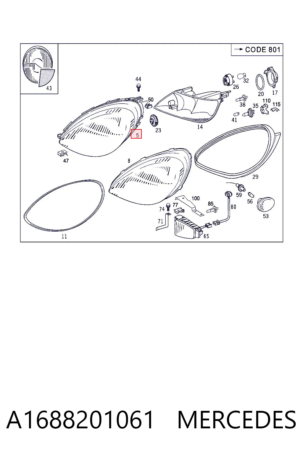 Reflektor prawy Mercedes A hatchback (W168) (1997 - 2004) cena, od 66,72 USD