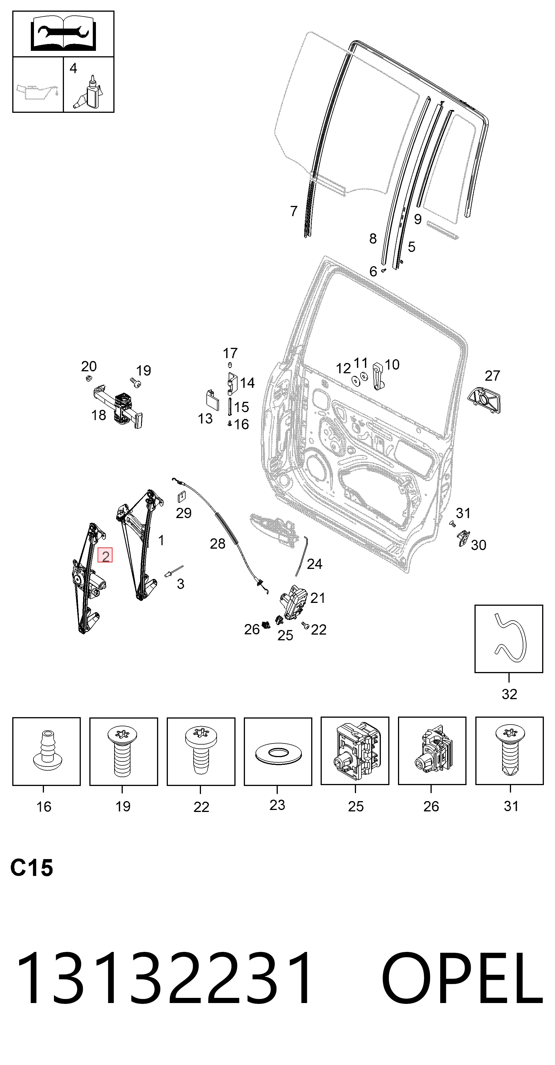 13132231 Opel Mechanizm podnoszenia szyby drzwi tylnych lewych