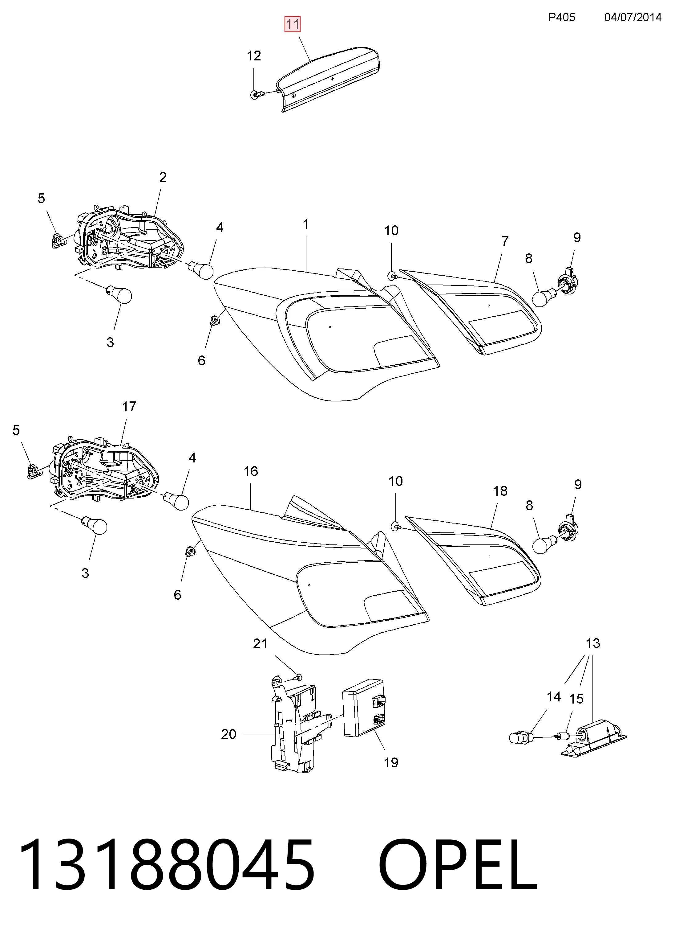 13188045 Opel Lampa stop tylna dodatkowa