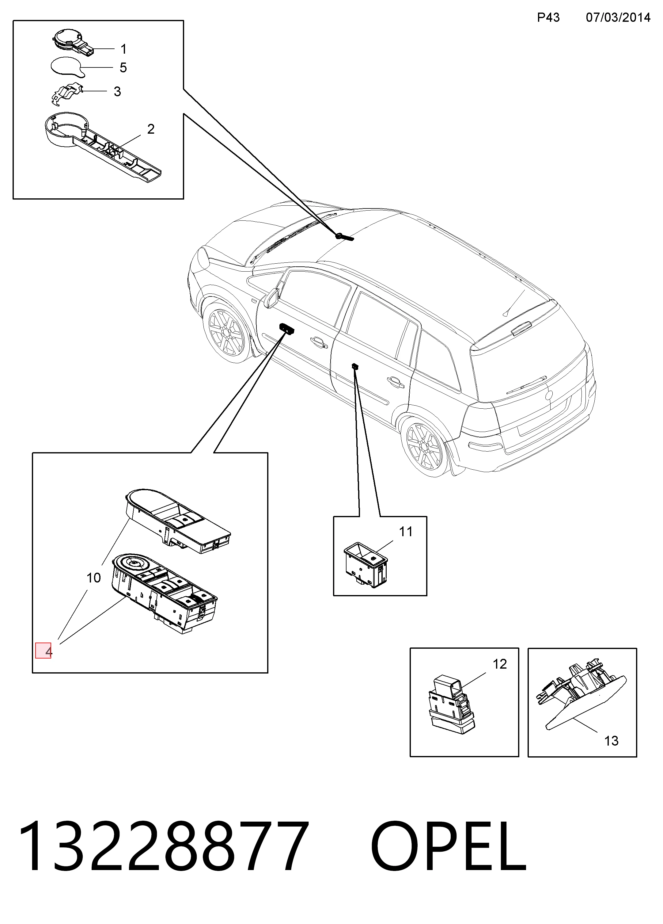 13228877 Opel Panel przyciskowy sterowania podnośnikiem szyby przedni lewy