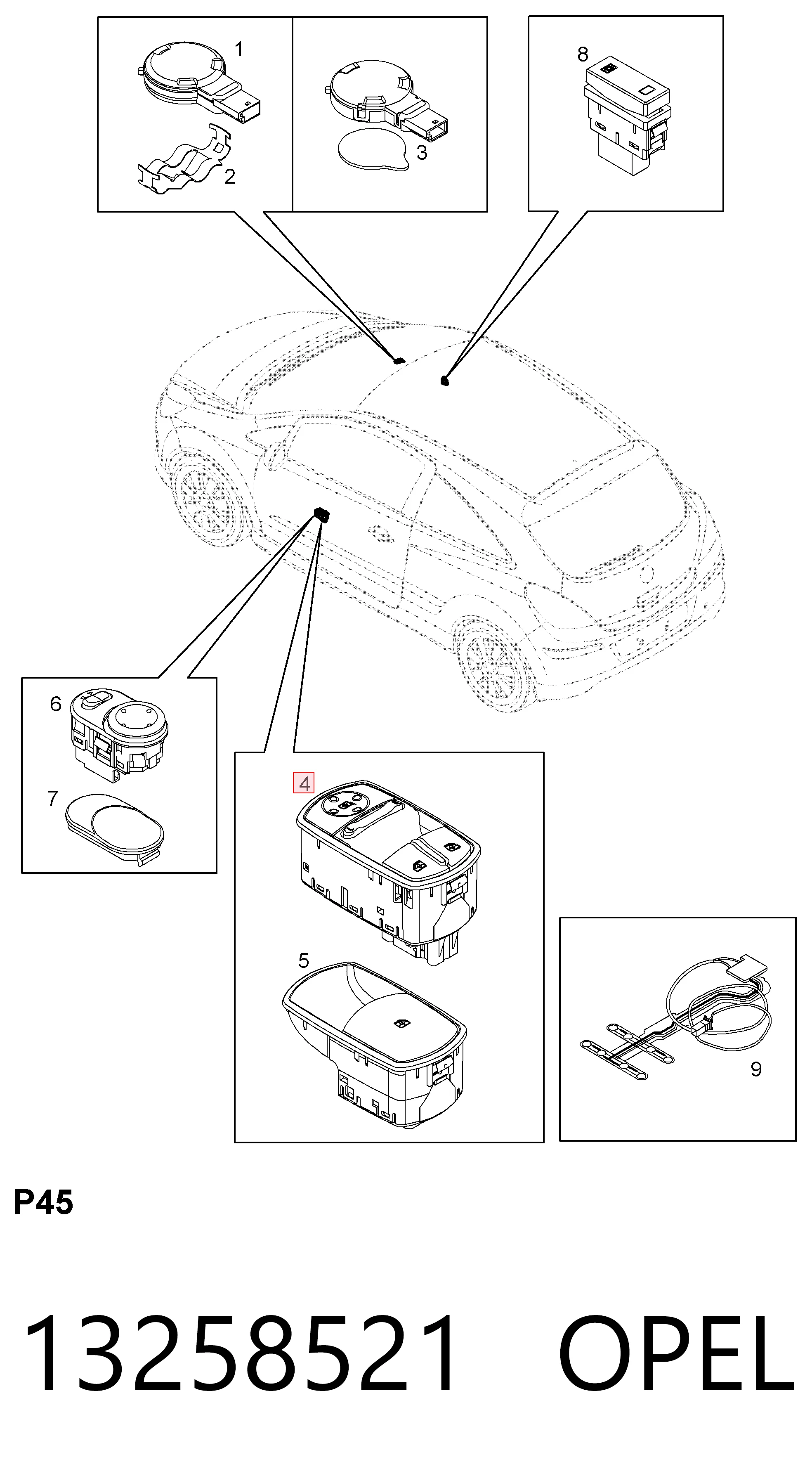 13258521 Opel Panel przyciskowy sterowania podnośnikiem szyby przedni prawy