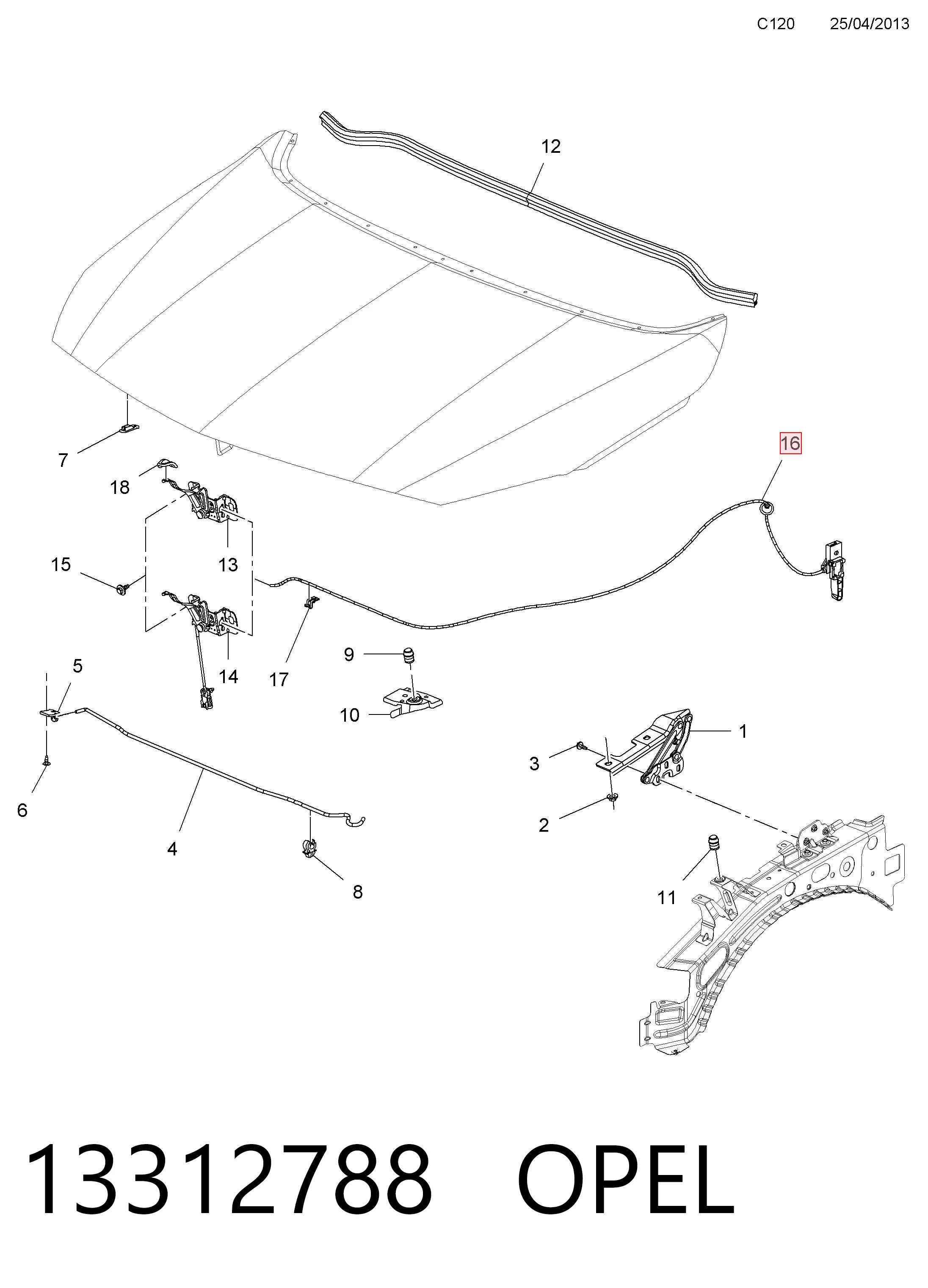 Linka otwierania maski do Opel Astra J Sports Tourer P10