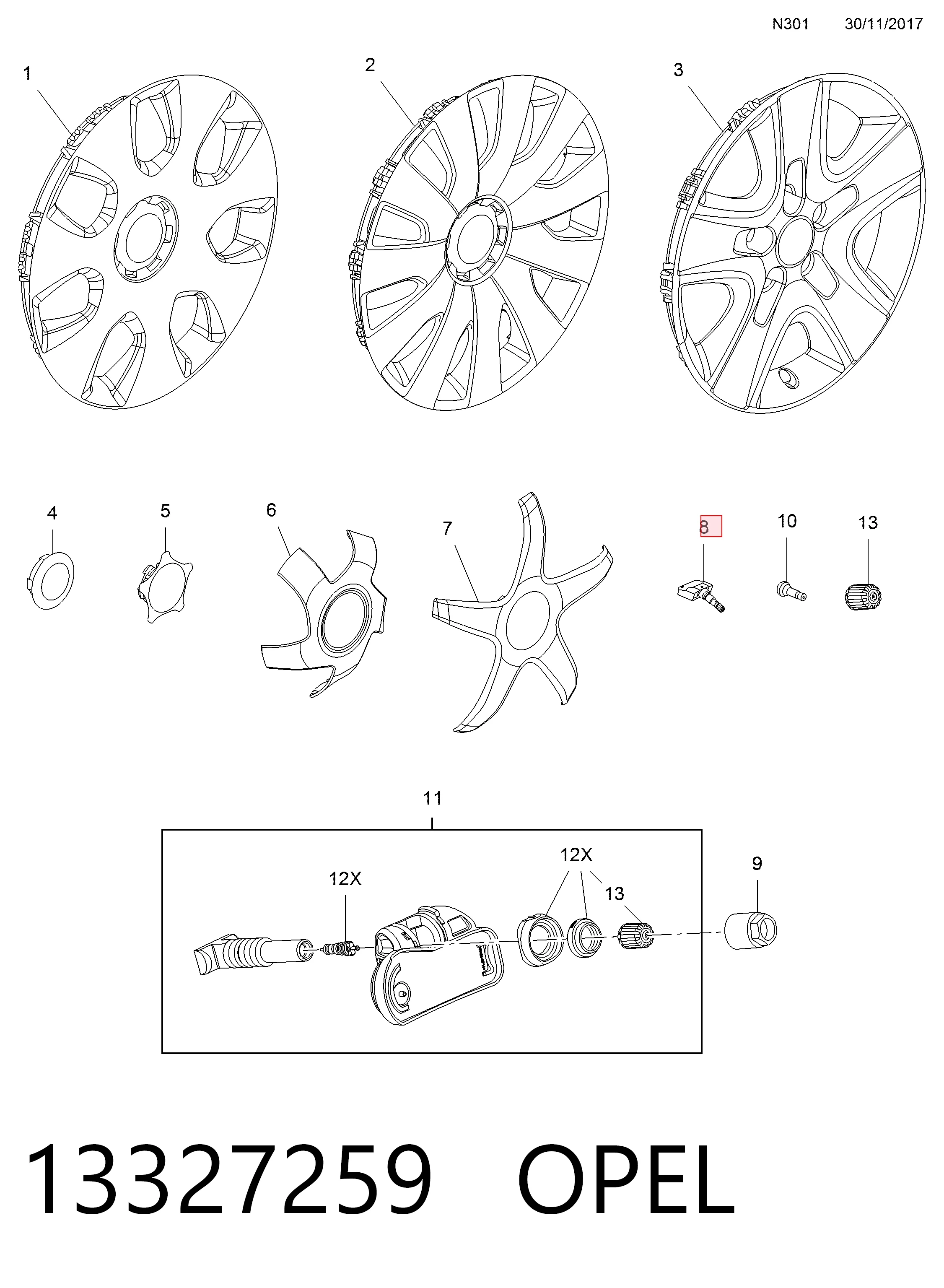 13327259 Opel Czujnik ciśnienia w oponach