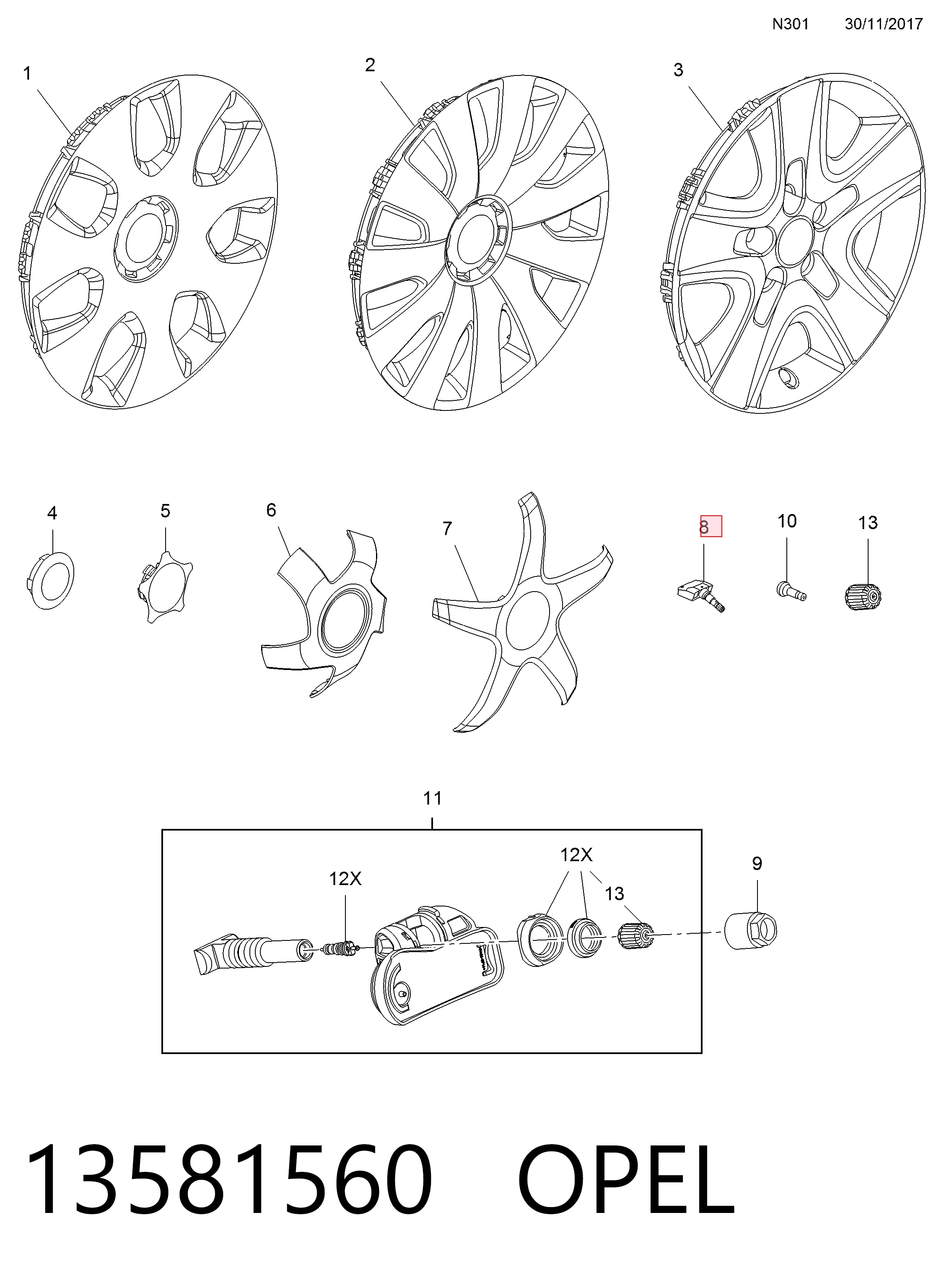 13581560 Opel Czujnik ciśnienia w oponach